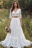 Vestido de novia de 2 piezas, escote en V y encaje largo, línea A, con manga media
