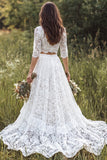 Vestido de novia de 2 piezas, escote en V y encaje largo, línea A, con manga media