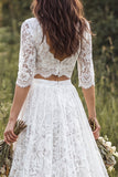 Vestido de novia de 2 piezas, escote en V y encaje largo, línea A, con manga media