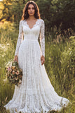 Vestido largo de novia largo de encaje en línea A con escote en V y manga larga