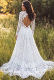 Vestido largo de novia largo de encaje en línea A con escote en V y manga larga