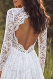 Vestido largo de novia largo de encaje en línea A con escote en V y manga larga