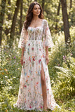 Vestido de novia largo corsé floral translúcido marfil línea A con abertura