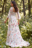 Vestido de novia largo corsé floral translúcido marfil línea A con abertura