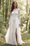 Vestido de novia de manga larga con volantes en línea A de encaje y marfil con abertura