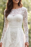 Vestido de novia de manga larga con volantes en línea A de encaje y marfil con abertura