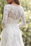 Vestido de novia de manga larga con volantes en línea A de encaje y marfil con abertura