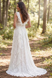 Vestido largo de novia largo de línea A en línea en A, escote en V y volantes, con abertura