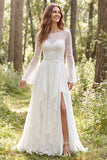 Vestido de novia de manga larga con volantes y gasa de marfil y abertura