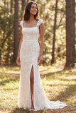 Vestido de novia largo con cuello cuadrado y marfil de marfil sirena