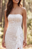 Vestido largo de novia largo de encaje sirena marfil de marfil con volantes y abertura