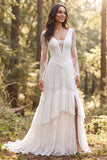 Vestido de novia largo de manga larga marfil con volantes y abertura A-line