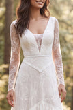 Vestido de novia largo de manga larga marfil con volantes y abertura A-line