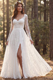 Vestido de novia de manga larga de manga larga en línea marfil con abertura