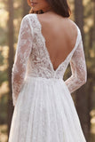 Vestido de novia de manga larga de manga larga en línea marfil con abertura
