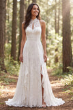Vestido de novia de encaje marfil largo con abertura en línea A con halter.