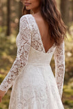 Vestido de novia de manga larga línea A de encaje marfil con abertura