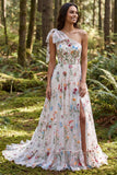 Vestido de novia largo de marfil marfil de un hombro con abertura