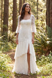 Vestido de novia largo de encaje marfil de línea A de 3/4 mangas con abertura