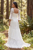 Vestido de novia largo de encaje marfil de línea A de 3/4 mangas con abertura