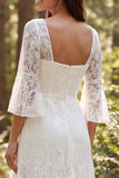 Vestido de novia largo de encaje marfil de línea A de 3/4 mangas con abertura
