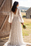 Vestido de novia largo de marfil con flores y escote en V y manga larga línea A-line