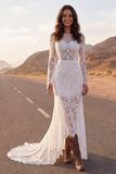 Vestido largo de novia de encaje sirena marfil con mangas largas