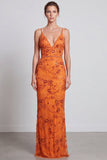 Naranja Sirena con lentejuelas florales Tirantes finos Vestido formal largo