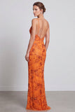 Naranja Sirena con lentejuelas florales Tirantes finos Vestido formal largo