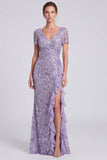 Sirena lila con escote en V y lentejuelas, vestido largo de madre de novia con abertura de volantes