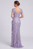 Sirena lila con escote en V y lentejuelas, vestido largo de madre de novia con abertura de volantes