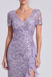 Sirena lila con escote en V y lentejuelas, vestido largo de madre de novia con abertura de volantes