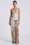 Corsé floral sirena con cuello halter y marfil vestido formal largo con abertura