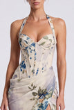 Corsé floral sirena con cuello halter y marfil vestido formal largo con abertura