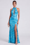 Vestido formal largo largo de sirena con cuello alto y cuello halter, largo y abertura