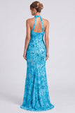 Vestido formal largo largo de sirena con cuello alto y cuello halter, largo y abertura