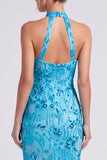 Vestido formal largo largo de sirena con cuello alto y cuello halter, largo y abertura