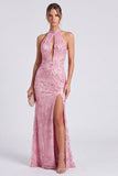 Vestido formal largo largo de sirena con cuello alto y cuello halter, largo y abertura