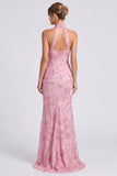 Vestido formal largo largo de sirena con cuello alto y cuello halter, largo y abertura