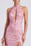 Vestido formal largo largo de sirena con cuello alto y cuello halter, largo y abertura