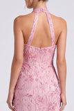 Vestido formal largo largo de sirena con cuello alto y cuello halter, largo y abertura