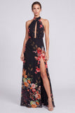 Vestido formal largo de sirena con escote húltico, chiffon floral de sirena negra