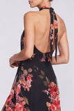 Vestido formal largo de sirena con escote húltico, chiffon floral de sirena negra