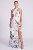 Vestido formal largo de sirena con escote húltico, chiffon floral de sirena negra