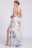 Vestido formal largo de sirena con escote húltico, chiffon floral de sirena negra