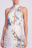 Vestido formal largo de sirena con escote húltico, chiffon floral de sirena negra