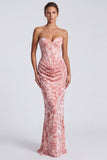 Vestido formal largo de sirena corsé de terciopelo fruncido rosa Sweetheart