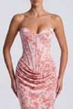 Vestido formal largo de sirena corsé de terciopelo fruncido rosa Sweetheart