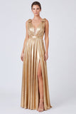 Vestido formal largo de escote en V metálico dorado con línea A y abertura