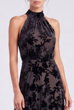 Vestido formal largo de terciopelo floral con escote halter, escote oliva